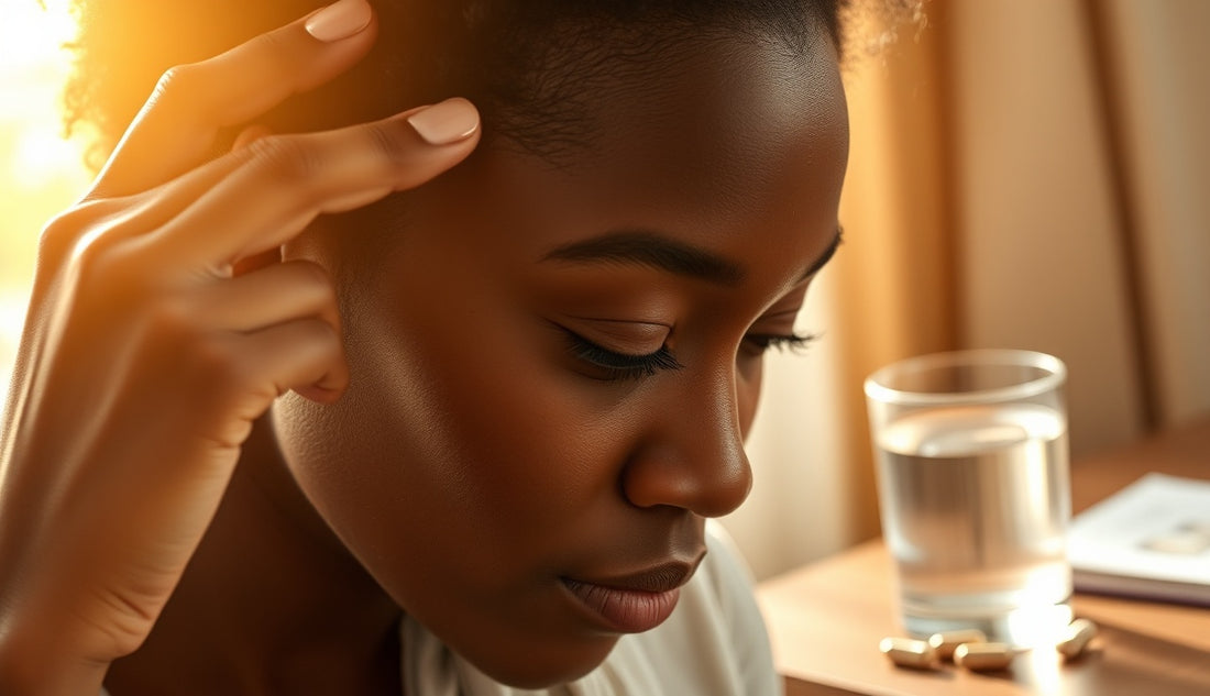 Black woman applying oil to thinning hairline edges near window light