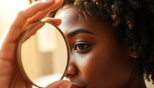 Black woman examining her hairline and temples for traction alopecia recovery