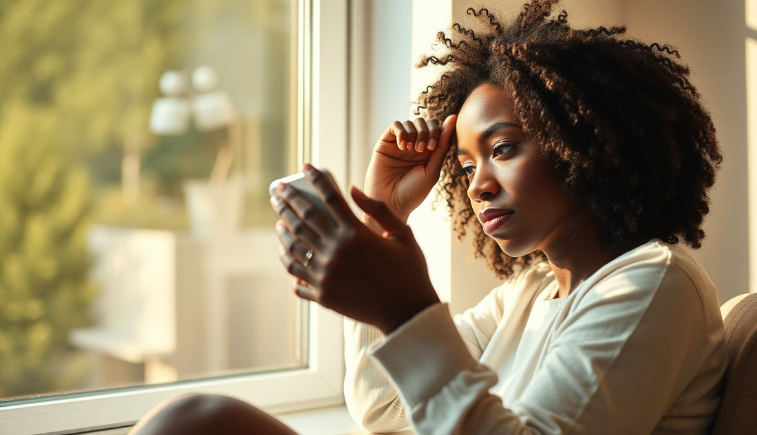 Black woman examining postpartum thinning hairline in a handheld mirror by a window