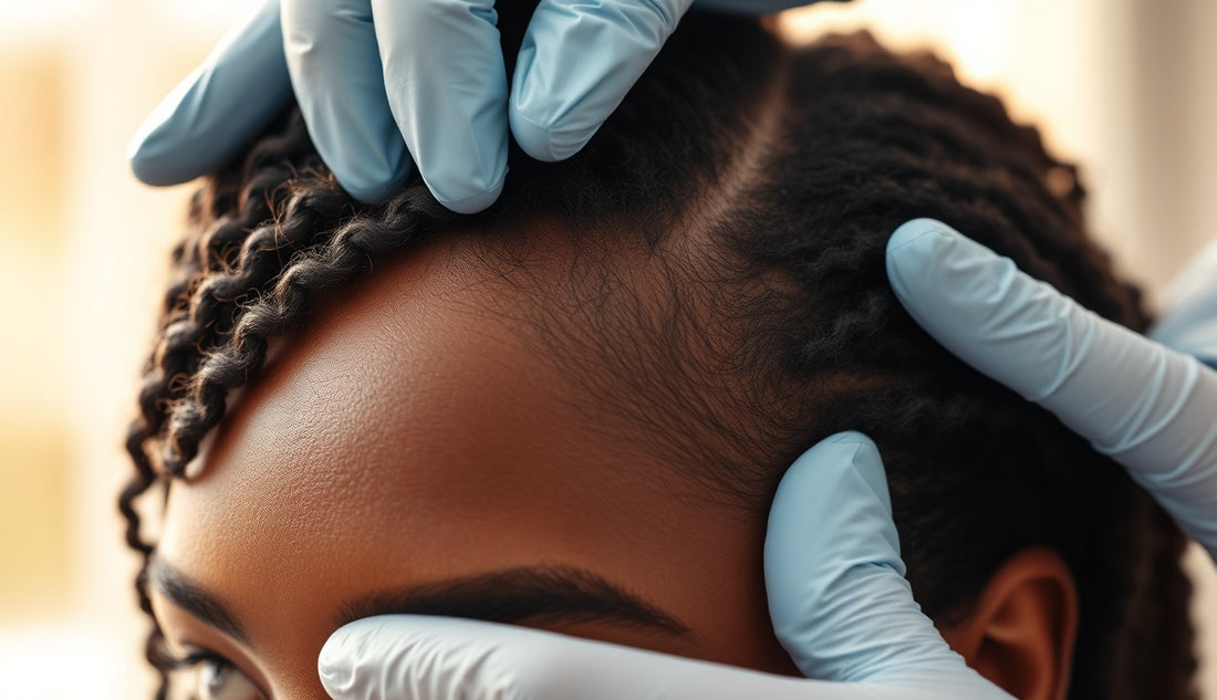 Black woman's natural 4c hairline being examined in a dermatology clinic