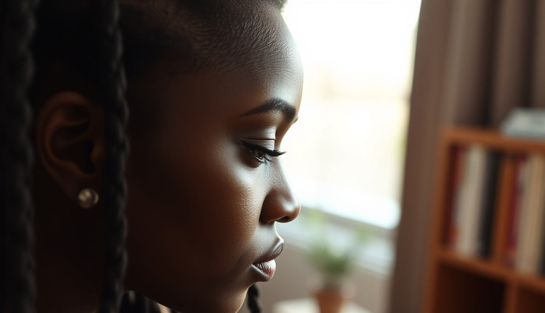 Black woman's hairline where dreadlocks meet the scalp edge, soft natural light