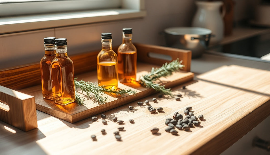 Glass bottles of natural hair growth oils and rosemary sprigs on a sunlit countertop