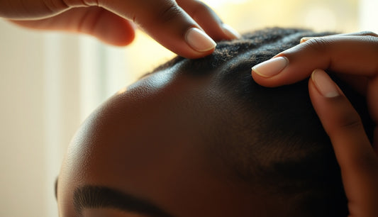 Black woman massaging her thinning edges in warm window light