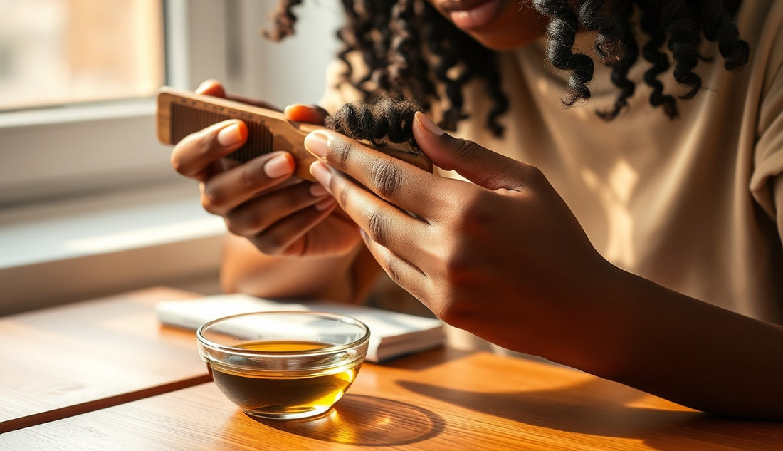 Woman gently detangling natural coily hair to treat breakage