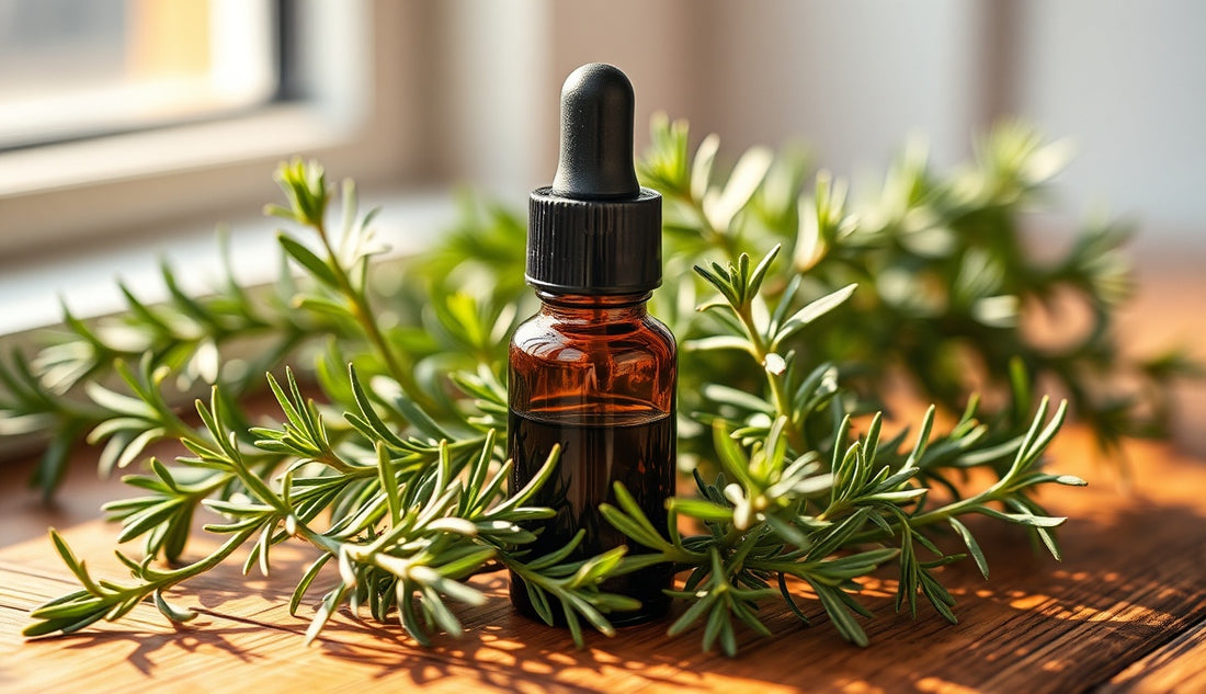 Small glass dropper bottle of rosemary oil beside fresh rosemary sprigs on wood