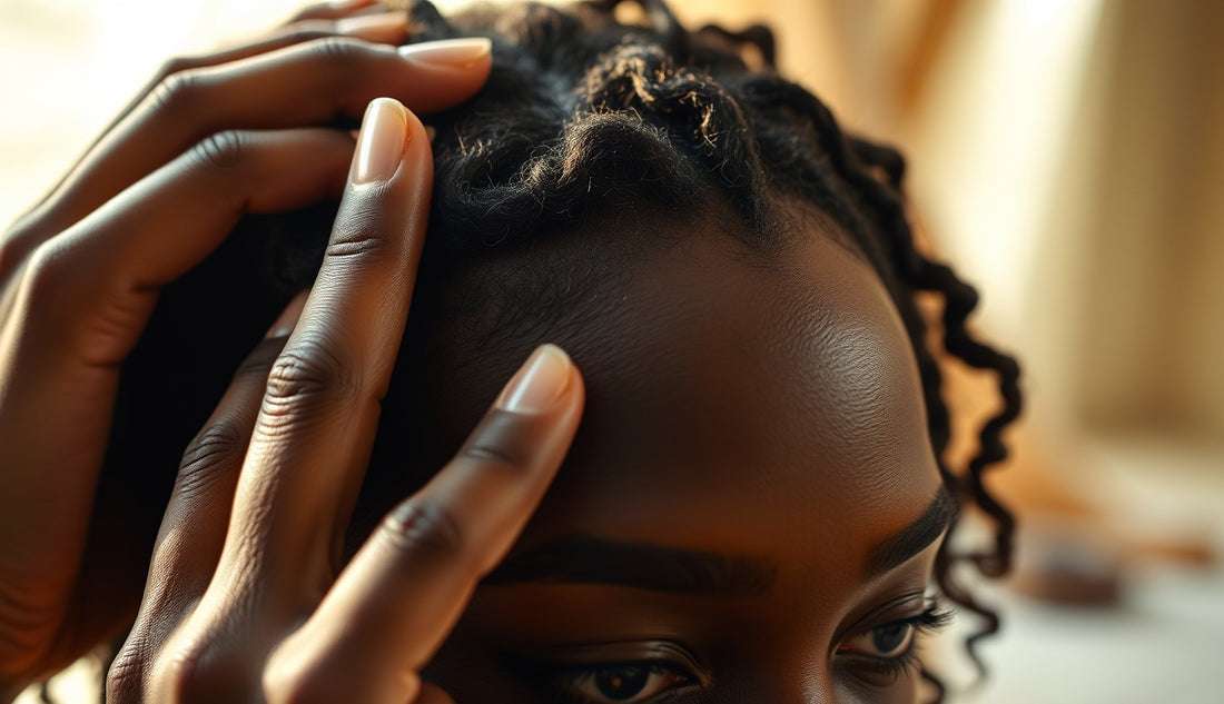 Black woman gently massaging thinning edges at her hairline in morning light