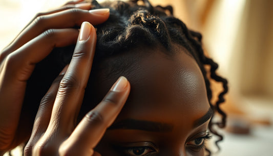 Black woman gently massaging thinning edges at her hairline in morning light