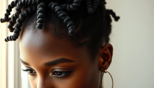 Black woman with loose two-strand twists showing a regrowing thinning hairline in soft natural light