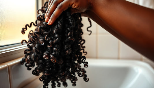 Woman finger-detangling wet coily curly hair to prevent breakage