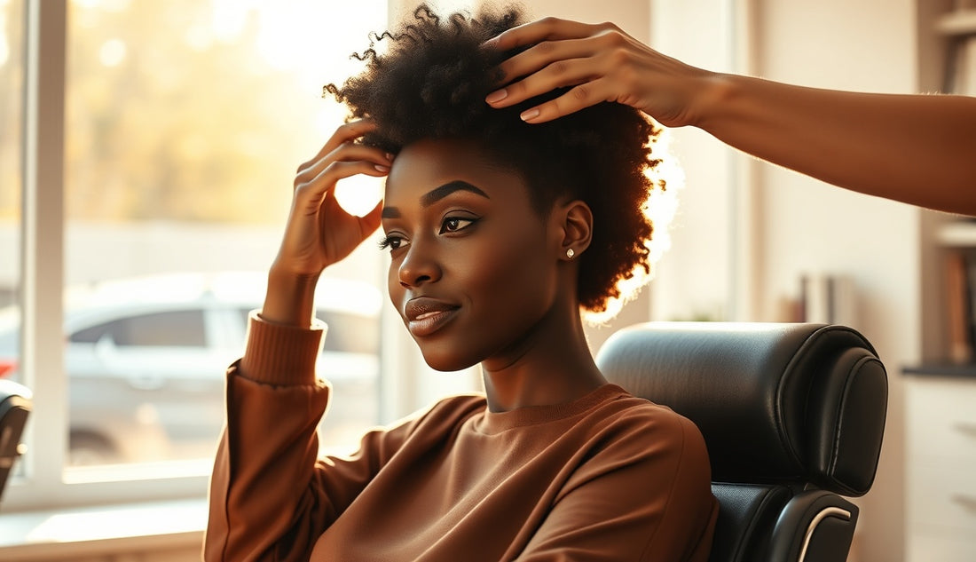 Black woman with tapered natural hair in a sunlit salon chair