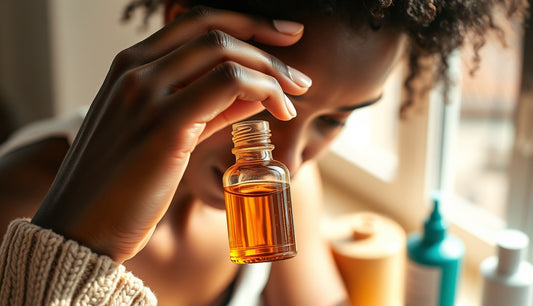 Woman massaging natural oil into thinning edges at hairline in morning light