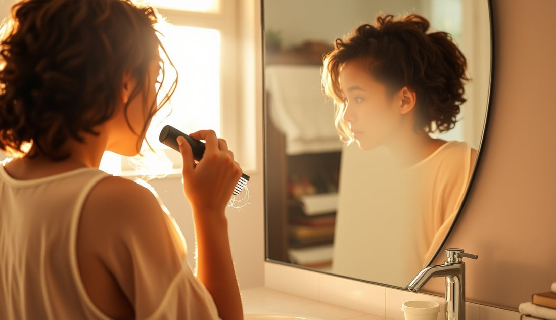 New mother gently brushing her textured hair, fallen strands visible on bathroom counter