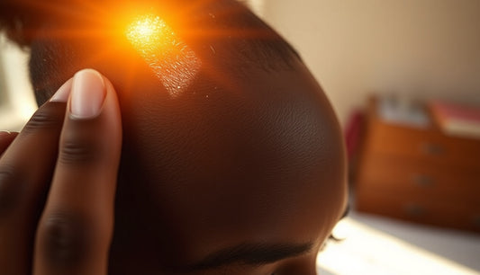 Black woman gently examining her thinning hairline edges in morning light