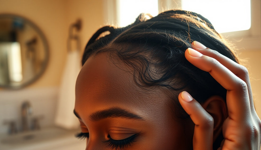 Black woman examining thinning hair edges in natural morning light