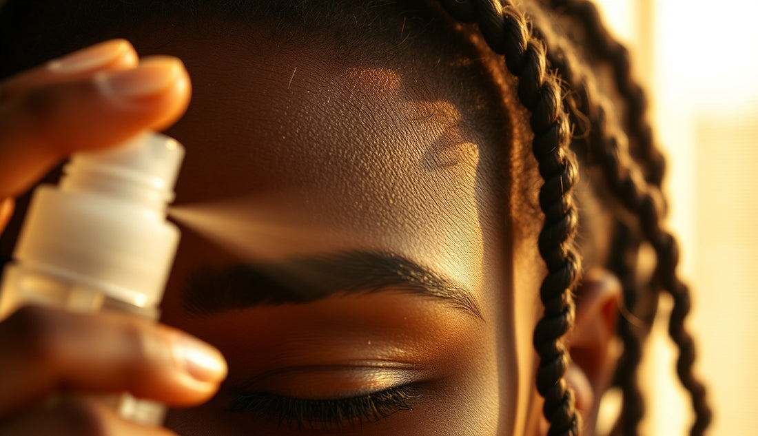 Black woman applying fiber spray to thinning 4c hair edges near temple