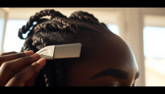 Black woman examining her hairline and temples for scalp tension signs