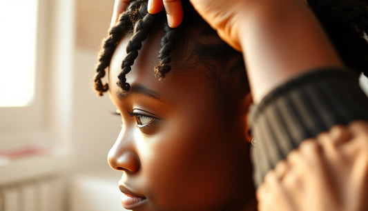 Black woman sitting in salon chair, braider pausing at her temples and hairline