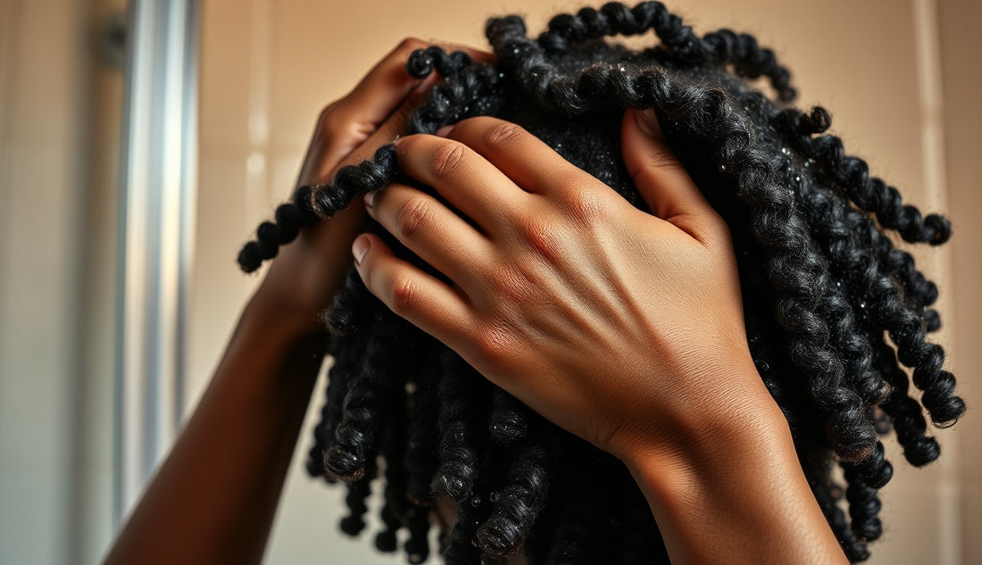 Black woman gently washing and sectioning natural coily hair during a careful wash day routine