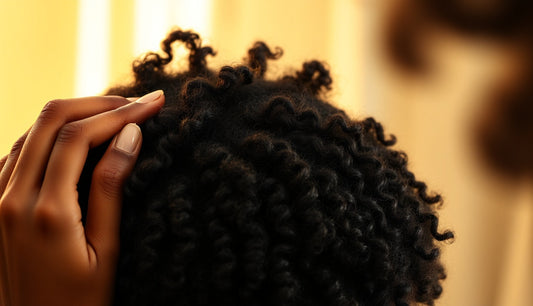 Black woman examining her hairline for root breakage in morning light