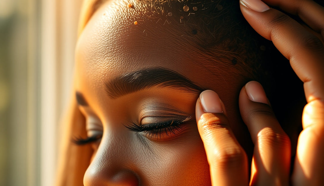 Woman examining thinning hairline edges in natural window light