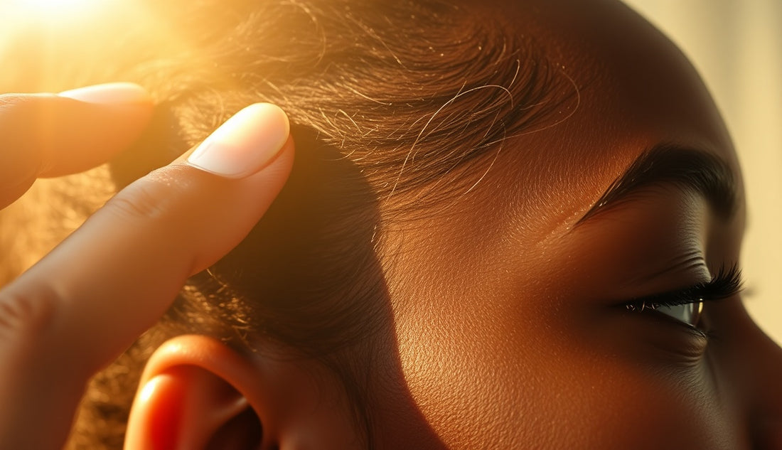 Black woman examining new edge regrowth at her hairline in soft morning light