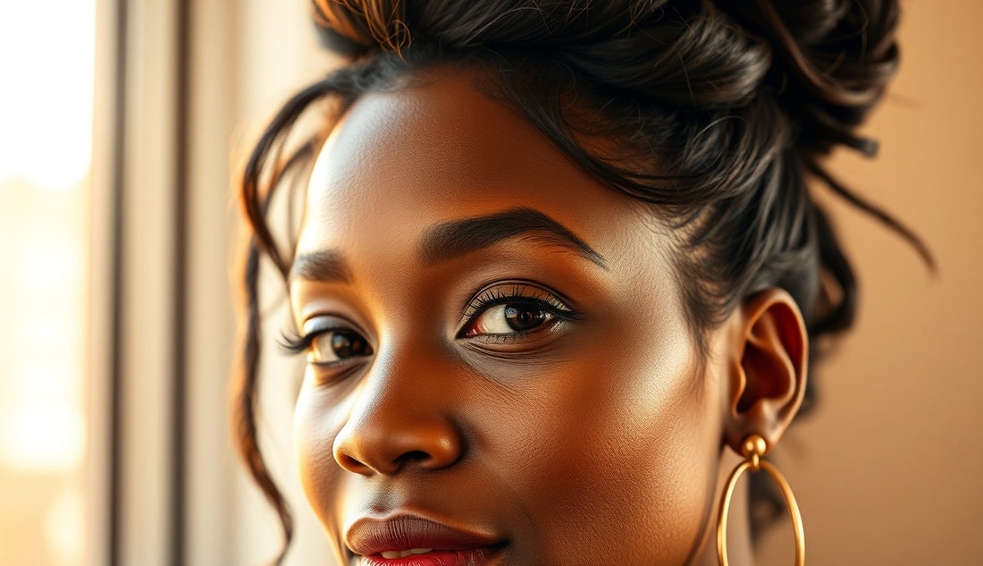 Black woman with loose high puff hairstyle showing natural regrowing baby hairs at hairline
