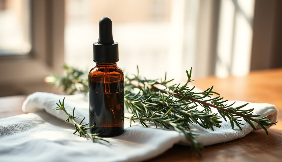Dark glass dropper bottle beside fresh rosemary sprigs on white linen