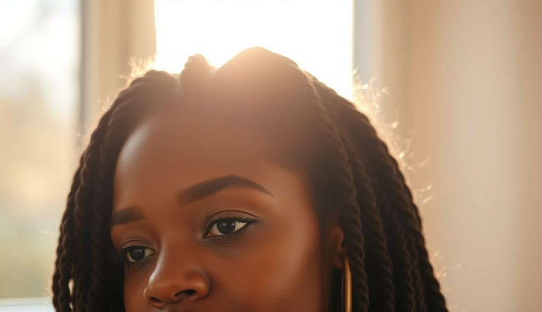 Black woman showing thinning temples and hairline near loose braids at nape