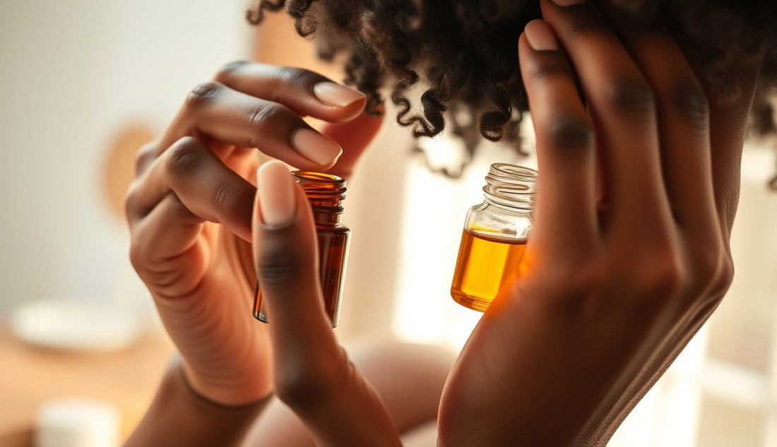 Woman applying natural oil to thinning hairline edges during morning routine