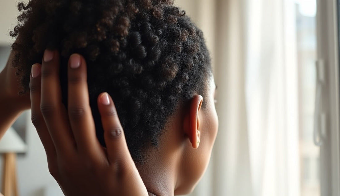 Black woman gently touching her natural hairline during traction alopecia recovery