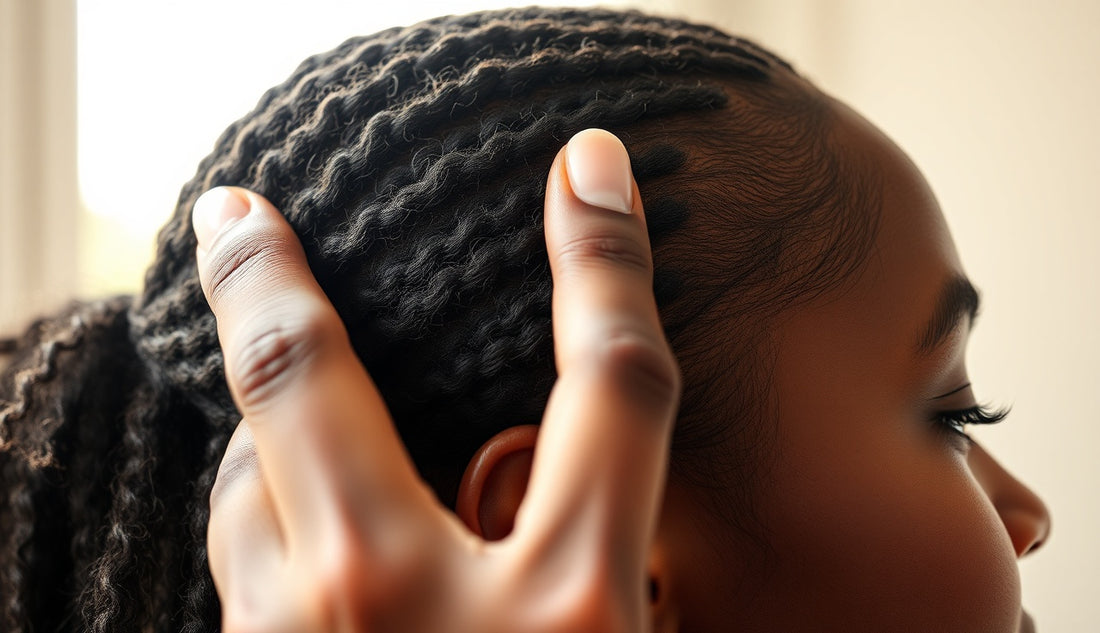 Black woman examining thinning hairline edges near her temple in natural light