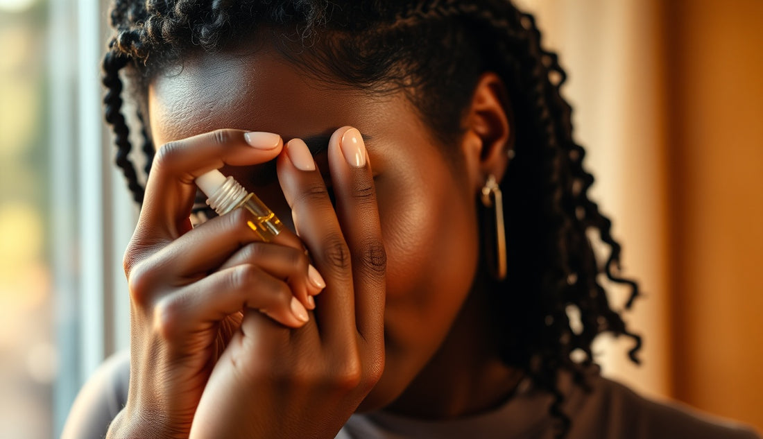 Woman massaging growth oil into thinning edges at her hairline in warm light