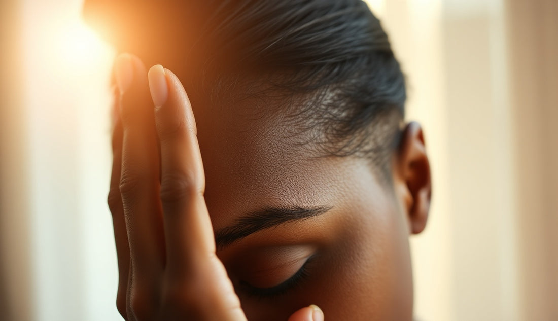Black woman gently examining her thinning hairline in natural light