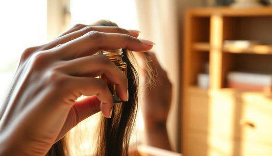 Black woman applying edge oil to thinning hairline in warm morning light