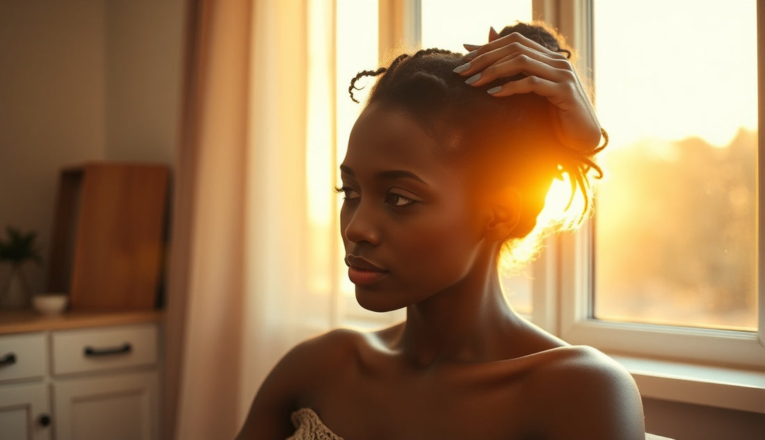 Black woman gently massaging thinning edges along her hairline in warm natural light