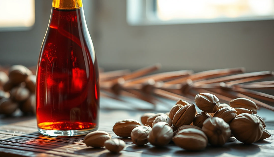 Glass bottle of dark reddish batana oil beside palm nuts on wood surface