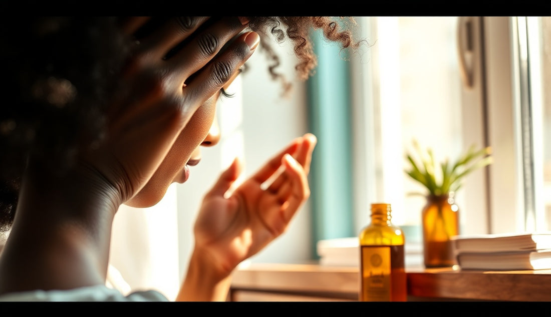 Woman massaging natural hairline with fingertips to stimulate hair growth
