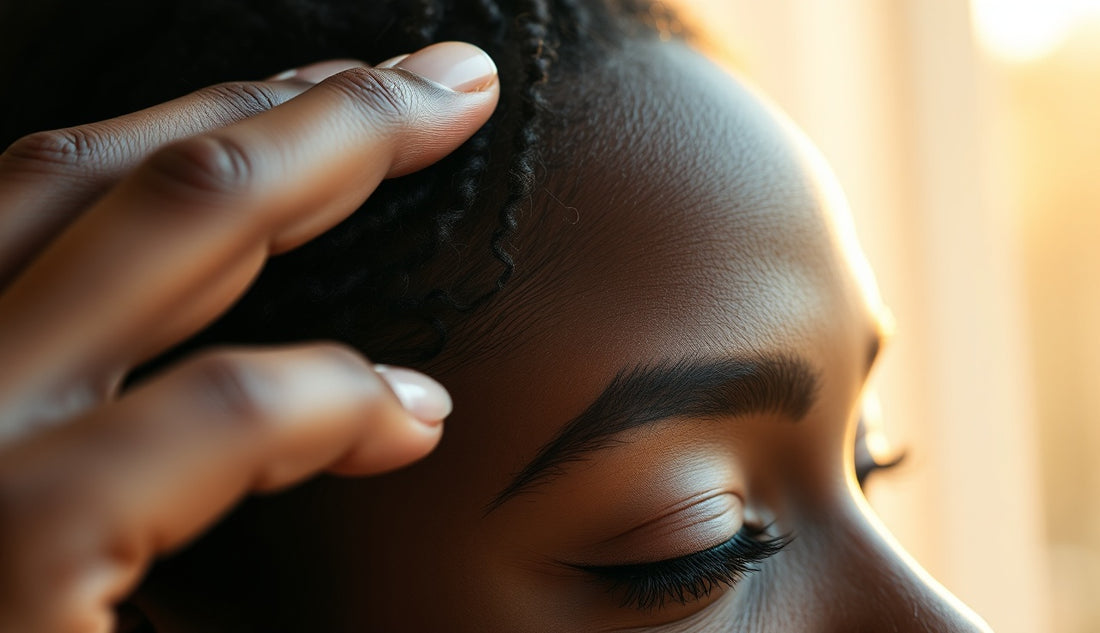 Black woman gently massaging her thinning hairline edges in soft morning light