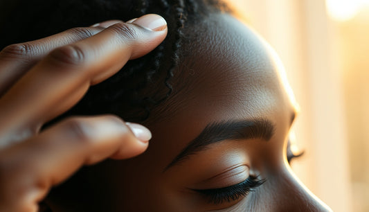 Black woman gently massaging her thinning hairline edges in soft morning light