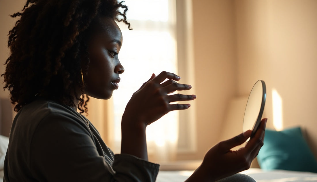Black woman examining her hairline in a mirror during postpartum hair loss recovery
