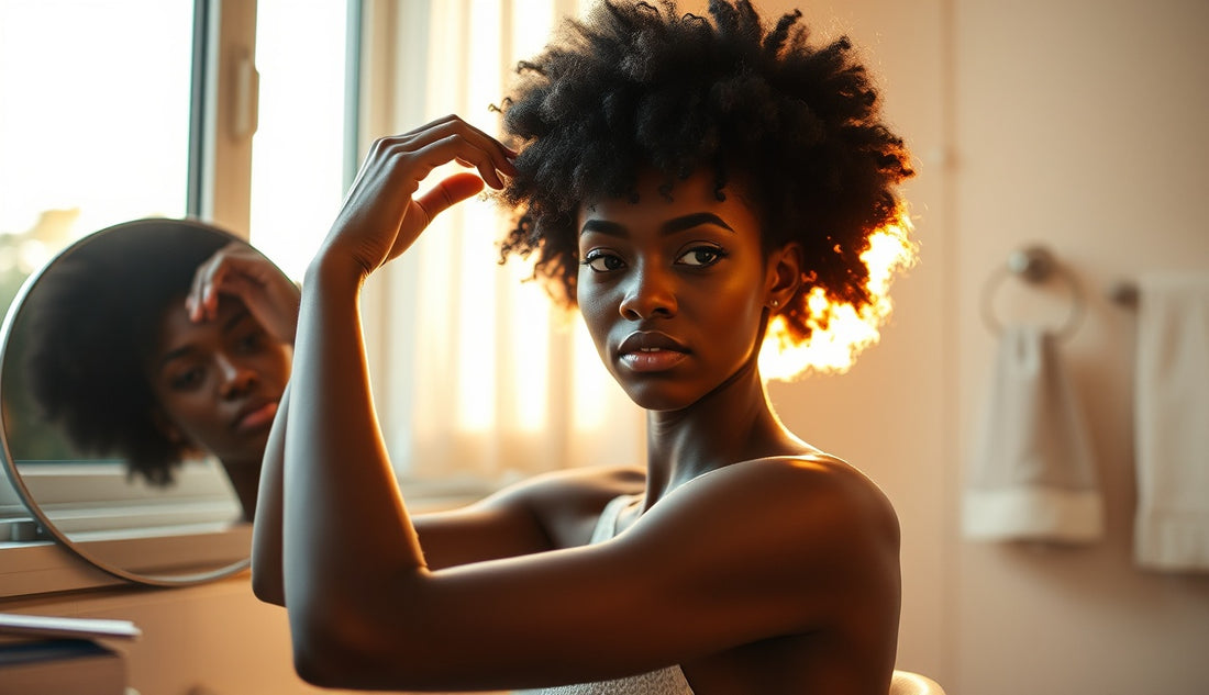 Black woman examining her postpartum thinning edges in a bathroom mirror
