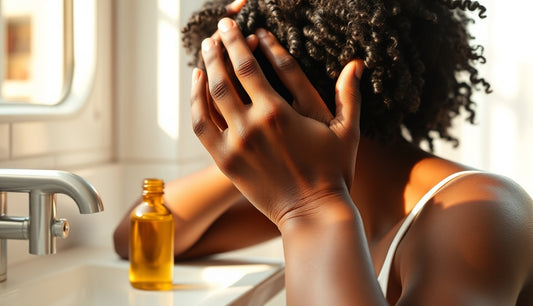 Woman massaging castor oil into thinning hairline edges in morning light