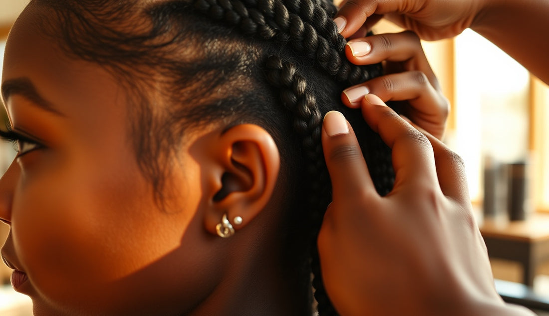 Stylist parting a Black woman's thin hairline edges before feed-in braiding