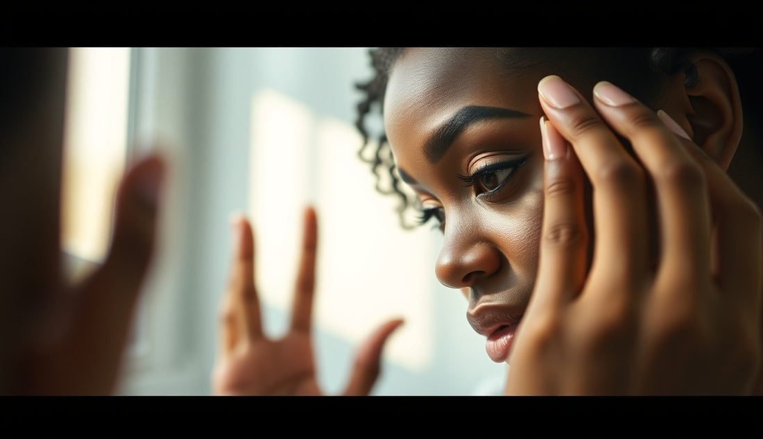Black woman examining her thinning hairline edges in a bathroom mirror