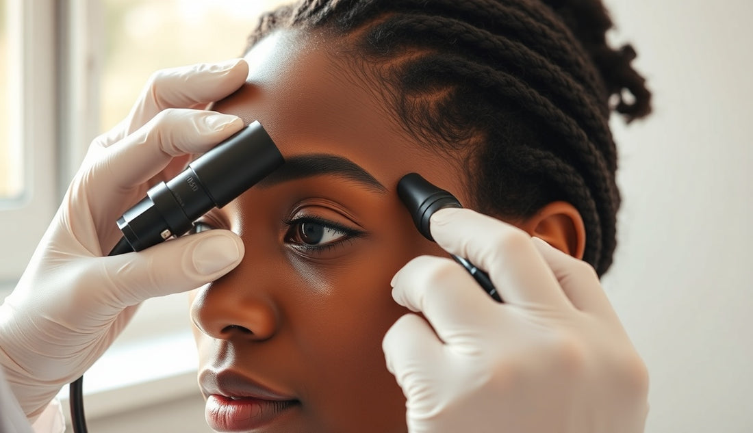 Trichologist examining a Black woman's thinning edges with a dermoscope