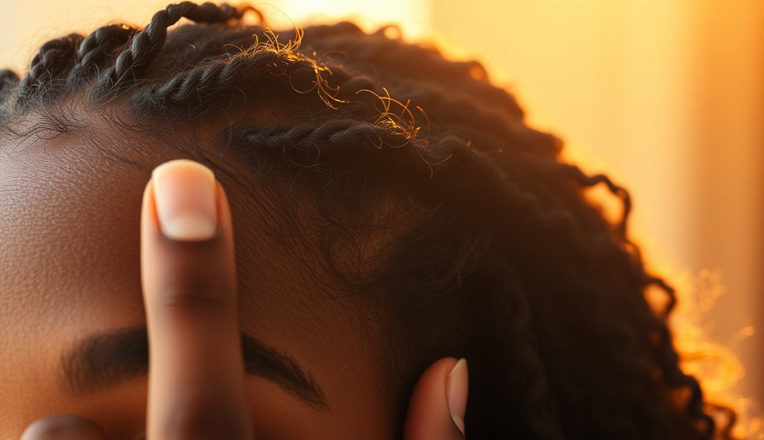 Close-up of a Black woman's thinning hairline edges in warm morning light