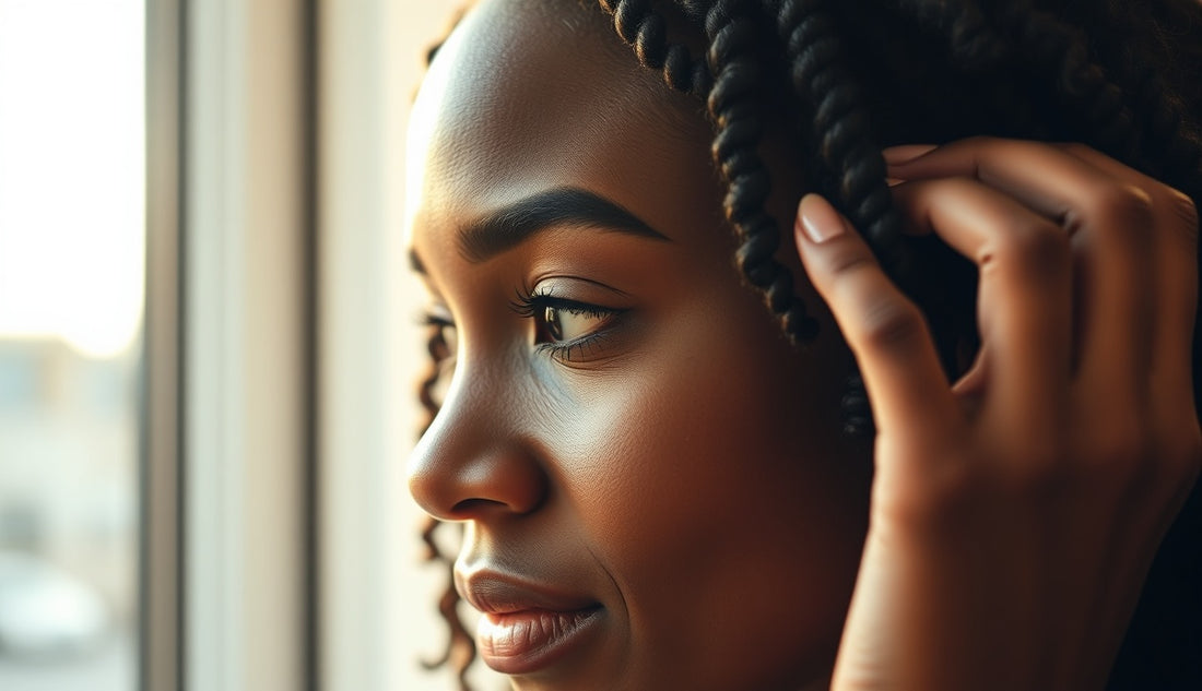 Black woman examining her hairline and thinning edges in natural light