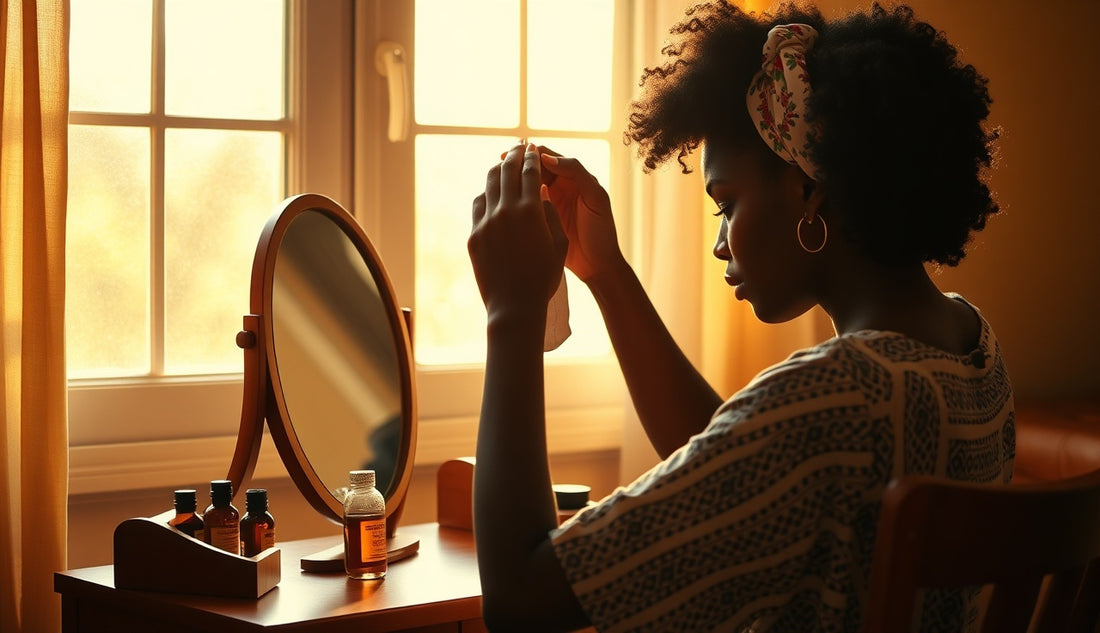 Black woman adjusting a headband wig at a sunlit vanity with hair oil nearby