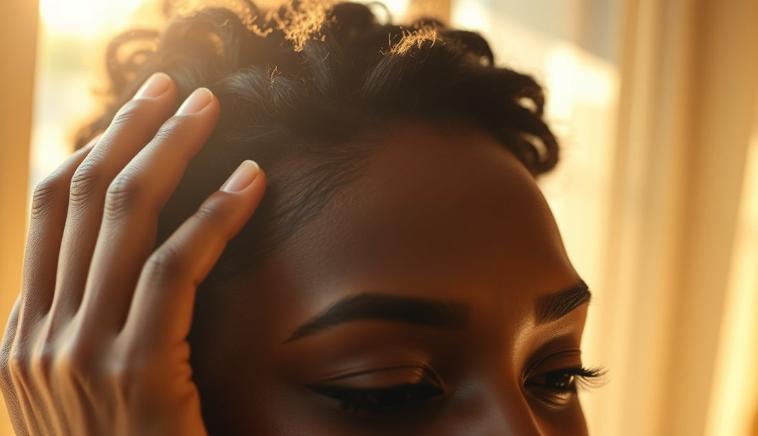 Black woman examining her thinning edges at her temple in morning light