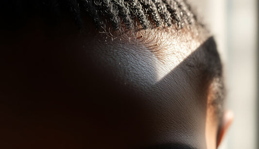 Close-up of a Black woman's temple showing fine baby hair regrowth along her hairline